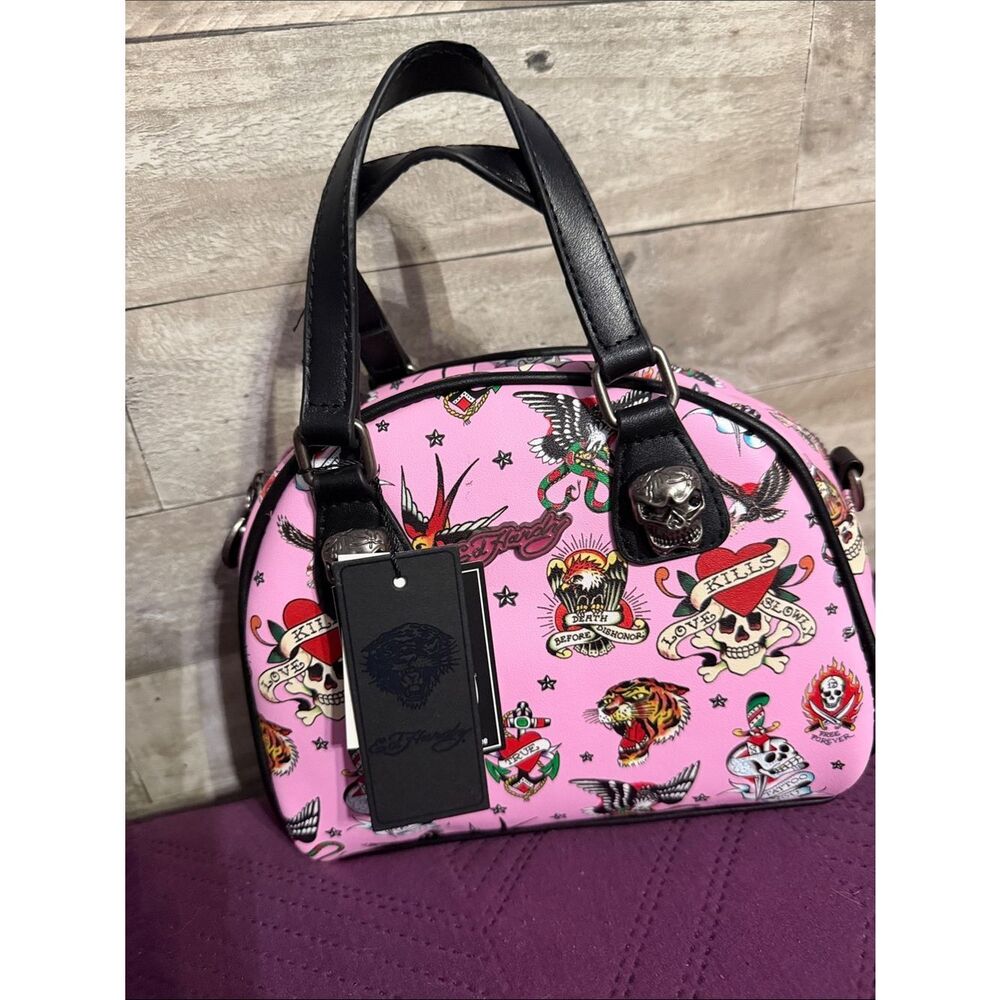 Ed Hardy Pink Tattoo Print Dome Satchel with Black Handles
